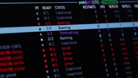 A terminal screen displaying kubernetes pod status with running and error Stock Footage 346525535