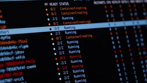 A terminal screen displaying Kubernetes pod status updates, highlighting Stock Footage 346525627