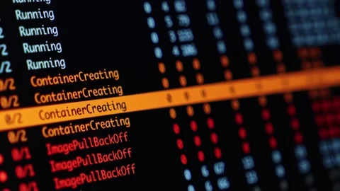 Terminal screen panning showing container creation and image pull errors in.. Stock Footage 304804500