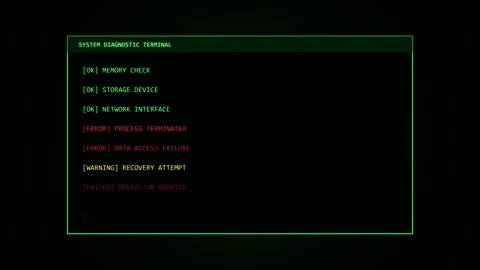 Terminal screen showing diagnostic error log in 4K stock footage Stock Footage 347390975
