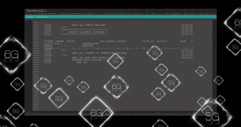 Terminal screen with SQL commands, 5G and 6G network animation over it Stock Footage 305220447