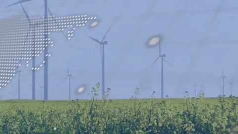 Terminal text scrolling over wind farm, dotted map sweeping diagonal to reveal Stock Footage 334316255