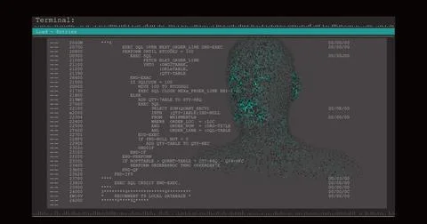 Terminal window displaying code in console, with teal header bar and glowing Stock Photos