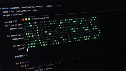 Terminal window displays code snippet, highlighting software development and  Stock Footage 322995951