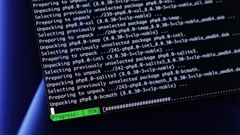 Terminal window showing 'Progress: 34%' during php8.0 package installation,.. Stock Footage 320174354