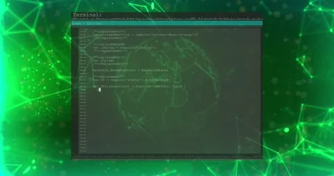 Terminal window sliding in, wireframe globe pulsing while cursor typing code, Stock Footage 328657105