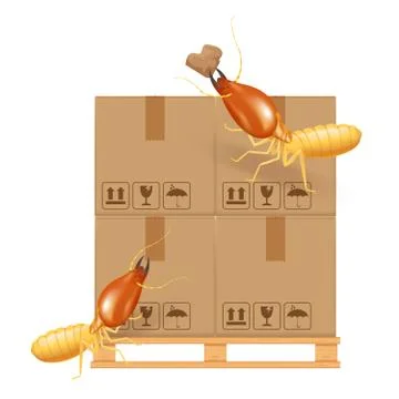 Termite bites eat paper boxes brown isolated on white background, termites an Illustrazione stock