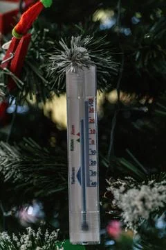 Termometer on a christmas tree in warm winter Stock Photos