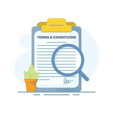Terms and Conditions Concept. Document with Magnifying Glass. Stock Illustration