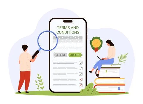 Terms and conditions study, tiny people with magnifying glass research business Stock Illustration