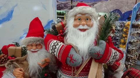Ternopil, Ukraine - November 6, 2018: Many Santa Claus figurines stand on the Stock Photos