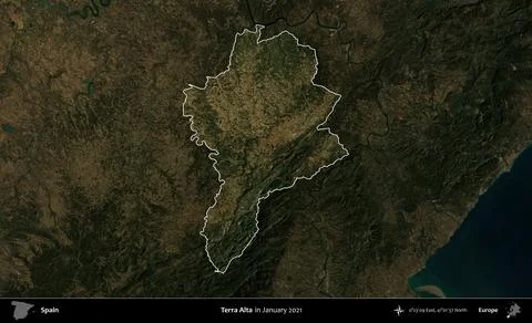 Terra Alta highlighted, Spain. Sentinel - World Cover Mosaic. January 2021 Stock Illustration