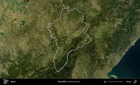 Terra Alta outlined, Spain. Sentinel-2 Mosaic. January 2020 Stock Illustration