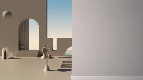 Terrace, arched windows, pools, table with hand figurine, sea panorama, scene Stock Illustration
