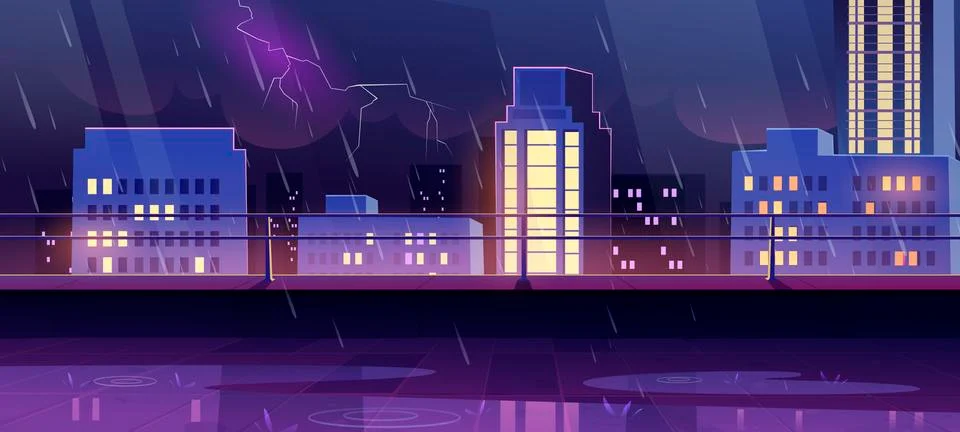 Terrace on rooftop at night storm, rainy city view Stock Illustration