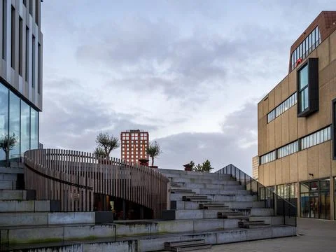 Terrace steps or staircase in between two modern buildings Stock Photos