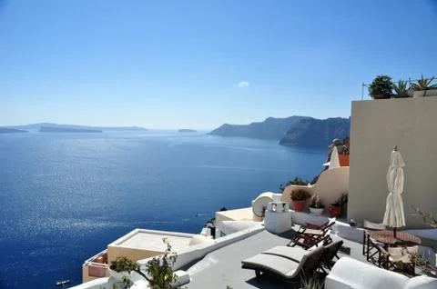 On the terrace to watch the Caldera of Santorini. Greece Stock Photos
