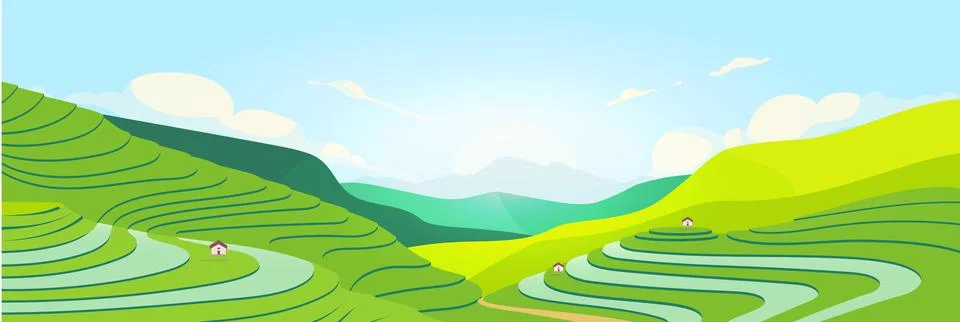 Terraced fields at sunset flat color vector illustration イラスト素材