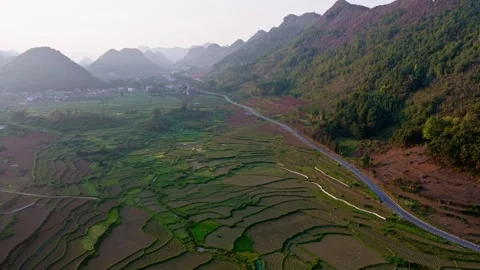 Terraced Rice Fields and Mountainous Landscape in Ha Giang, Vietnam Stock Footage 280221408
