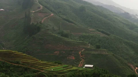 Terraced Rice Fields On Misty Mountainsides In Sapa, Vietnam. drone pullback Video stock 335177874