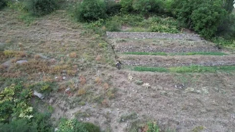 Terraced Shem garden plots step down a mountain slope with soil beds Stock Footage 343806093