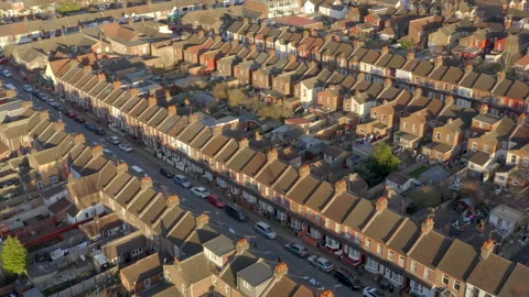 Terraced Working Class Housing in Luton Aerial View at Sunset Stock Footage 149380684