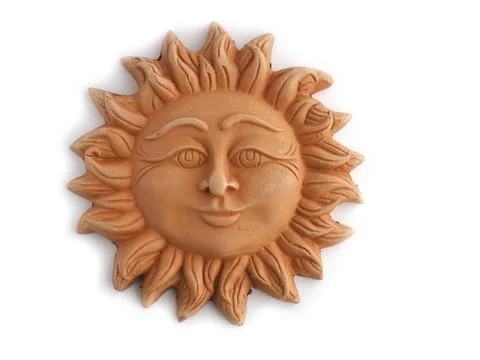 Terracota sun face isolated on white background Stock Photos