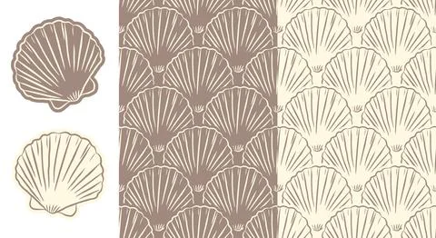 Terracotta scallop seashell seamless patterns and icons set Stock Illustration
