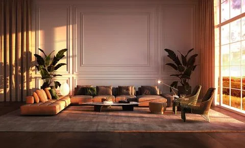 Terracotta sectional in a sunset lit boho living room with empty wall panel Stockillustratie