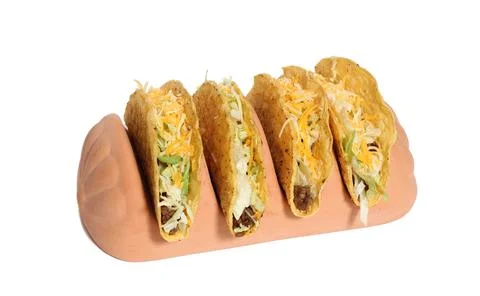 Terracotta Taco Holder With Four Crunchy Tacos Stock Photos