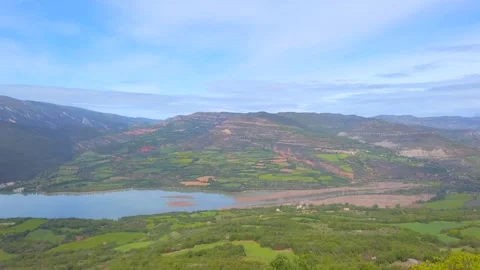 Terradets Lake Surrounded by Mountains and Green Valley in Catalonia Stock Footage 335330904