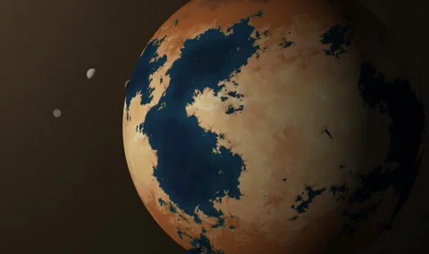 Terraformed Mars 3D Rendering and Hypothetical Northern Ocean 4K Stock Footage 332135442