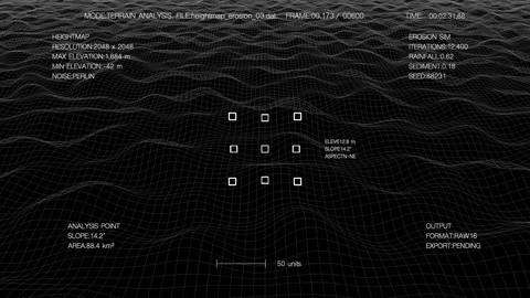 Terrain Analysis Simulation HUD with Wireframe Heightmap Erosion Data Stock Footage 342670580