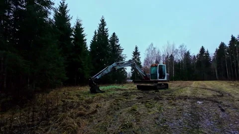 Terrain work excavator forest basic field resurfacing outdoor teamwork Stock Footage 300589657