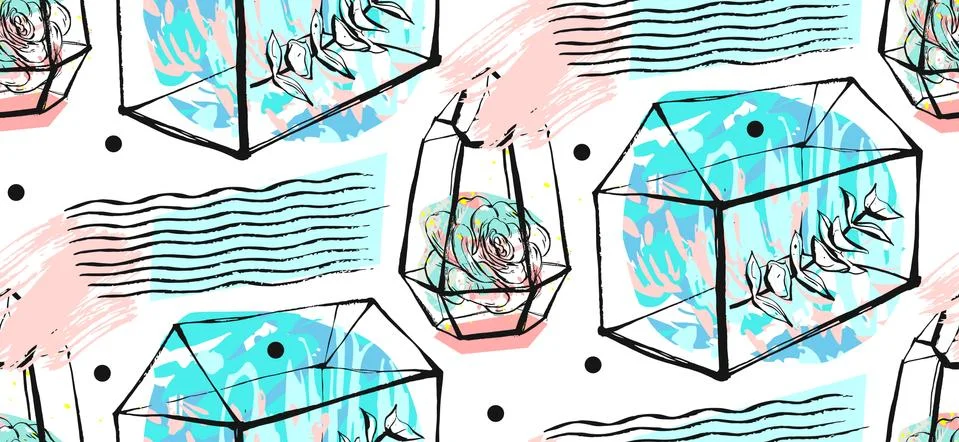 Terrarium seamless pattern. Succulents texture. Hand drawn minimalistic 스톡 일러스트