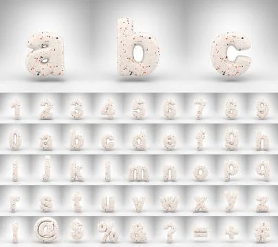 Terrazzo pattern alphabet on white background. 3D letters numbers and font イラスト素材