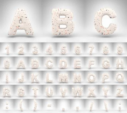 Terrazzo pattern alphabet on white background. 3D letters numbers and font イラスト素材