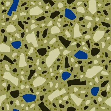Terrazzo vector seamless pattern. Marble, stone, granite on olive green Stock Illustration