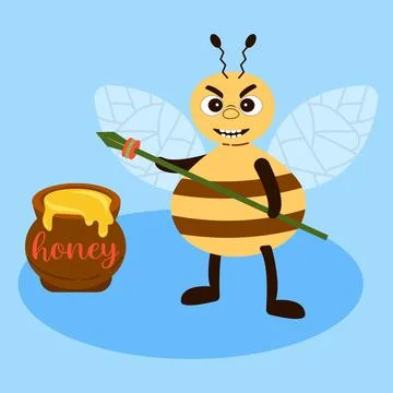 Terrible bee with a spear guarding a pot of honey Cartoon style Emotions Kids Stock Illustration