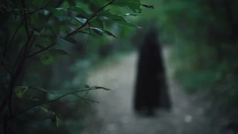 A terrible black figure without a face in a mystical forest. The horror of Stock Footage 224240788