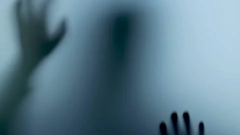 Terrible blurred shadow in the window. Concept of horror, robbers Video stock 225423225