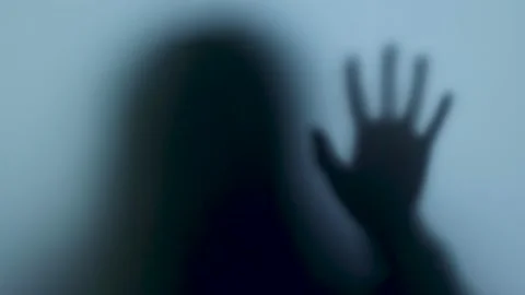 Terrible blurred shadow in the window. Concept of horror, robbers Video stock 225423248