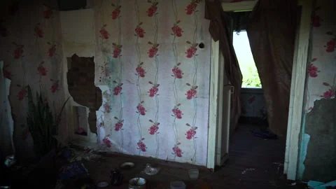 Terrible destruction after the disaster. Torn wallpaper and soggy floors Stock Footage 155901288