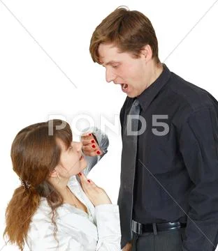 Terrible man shouted at frightened woman Stock Photos