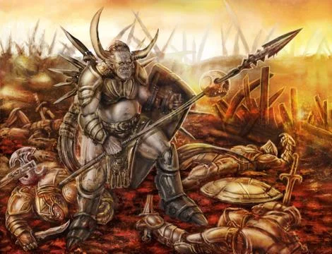 A terrible orc with spear is standing. Illustrazione stock