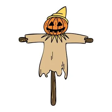 Terrible scarecrow. Pumpkin Jack head Halloween flat. Spooky face. Autumn hol Stock Illustration