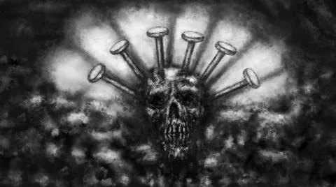 Terrible skull with large nails driven into it. Stock Illustration