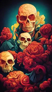 Terrible skulls among the red roses. Halloween decorations of bones and flowers Stock Illustration