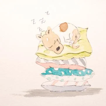 Terrier sleeping contentedly on a high stack of cozy pillows Illustrazione stock
