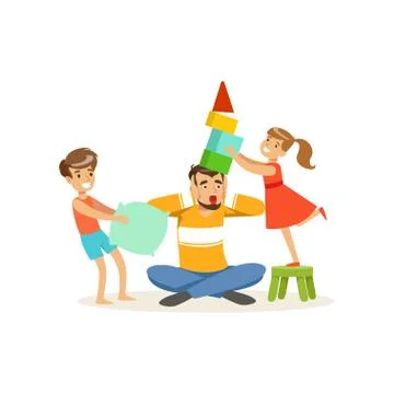 Terrified dad and his hyper active kids Stock Illustration